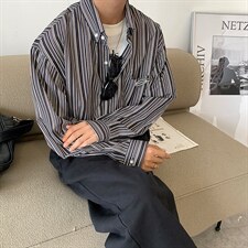 2025秋装条纹衬衫男装长袖港风休闲潮牌宽松衬衣外套CS713P45控59，男装衬衫，电商B413-1