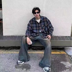 蓝色格子衬衫男女高级感痞帅春秋季美式复古外套小众情侣长袖衬衣，男装衬衫，星座1210-1