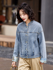 蓝色韩系休闲气质蕾丝拼接牛仔外套女2025早春新款小个子百搭夹克，女装短外套，靓衣阁