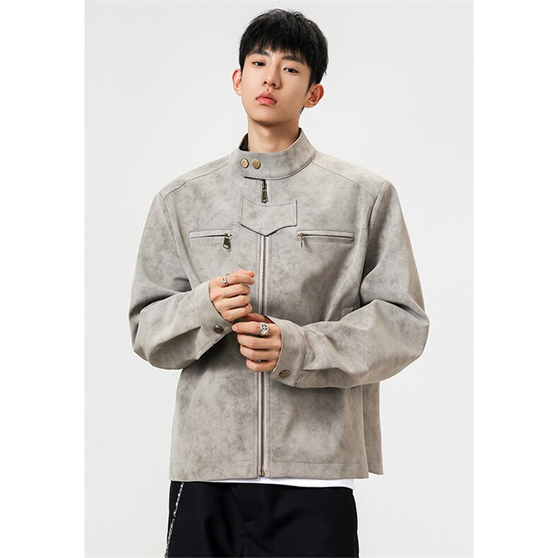 JK9922-P75控128秋季老钱风短款宽松夹克外套男潮牌扎染垫肩皮衣,男装夹克,电商A058-1（原电商C417）