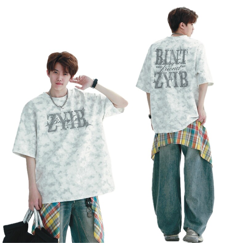 新品潮牌脏脏扎染麂皮绒短袖烧花现货2万＋B210-ZRT19,男装T恤,电商B210