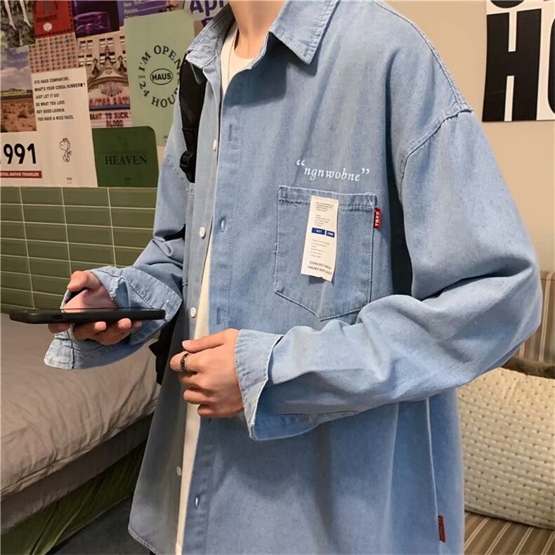牛仔衬衣港风长袖衬衫ins春季韩版百搭潮流外套男W1070-P42,男装衬衫,星座512-2