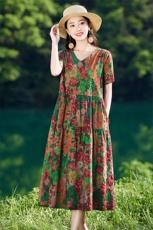 复古印花棉麻连衣裙女2025夏季新款气质中年妈妈胖mm遮肉宽松裙子，女装连衣裙，倪叶myz