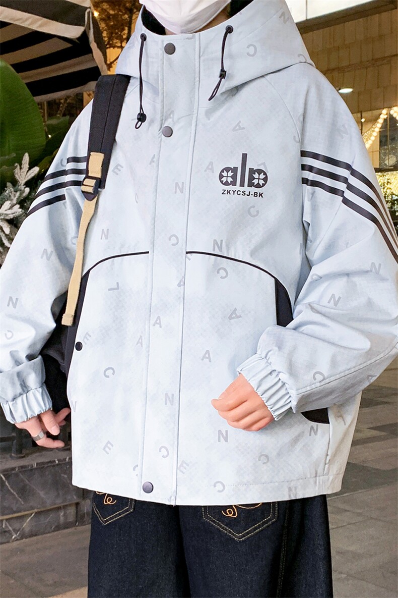 外套男学生潮流三条杠连帽夹克春秋青少年帅气冲锋A436-2681-P75,男装夹克,电商A436