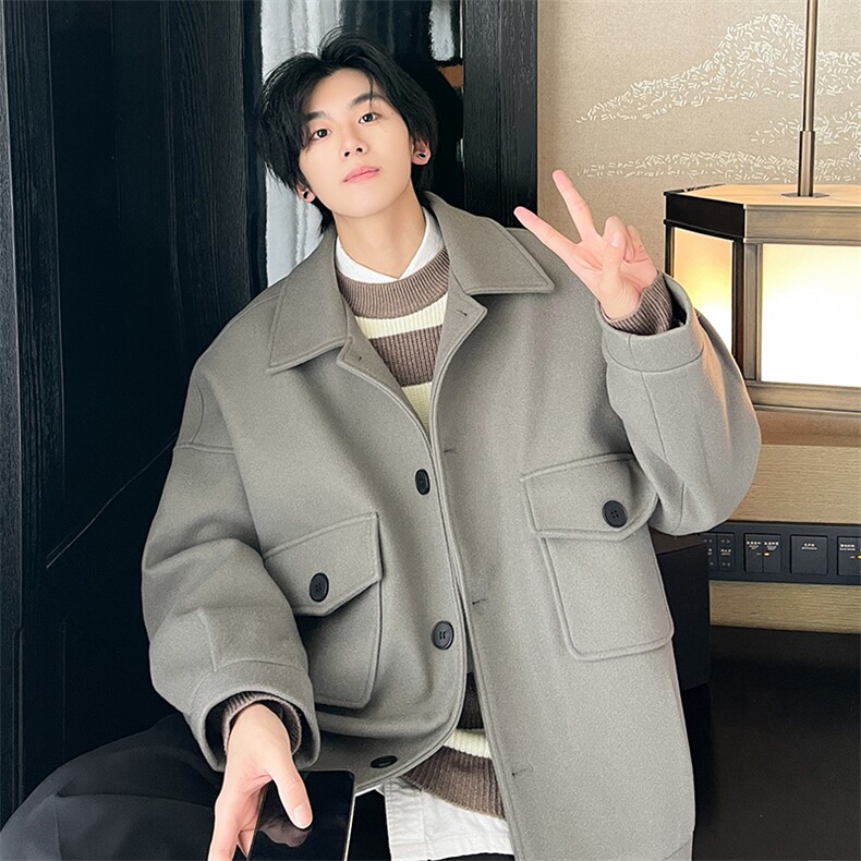 毛呢大衣oversize宽松大口袋呢子韩版潮男士夹克A071-JK106-P98，男装毛呢大衣，电商A071