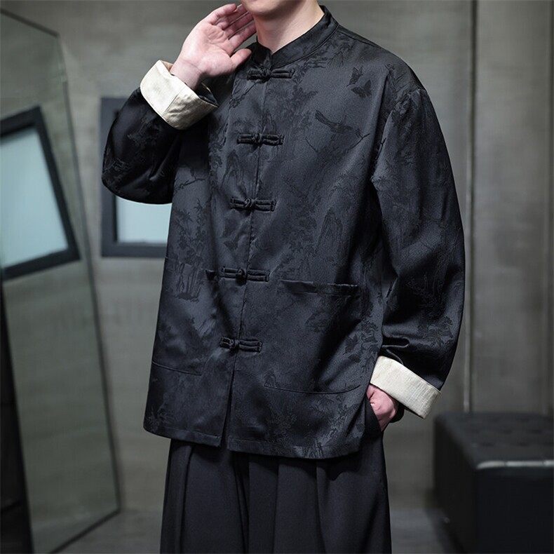新中式男士风衬衫盘扣翻袖子花纹开衫A021-KS513-P85控98,男装衬衫,电商A021