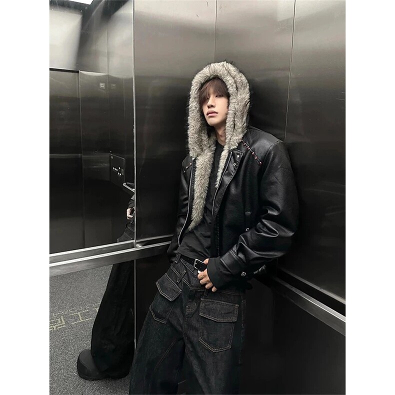 网图有货黑色连帽狼王座山雕皮衣外套棉服男女棉衣A1114-P155，男装皮衣，星座1505