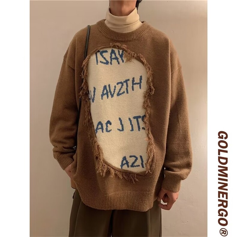 复古美式拼接毛边毛衣男潮牌宽松小众设计感情侣针织衫M9102-p45图片