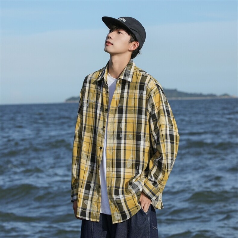 25年春季格子衬衫长袖大码宽松落肩现货DS-C323-1-2371-特批35，男装衬衫，电商C323-1