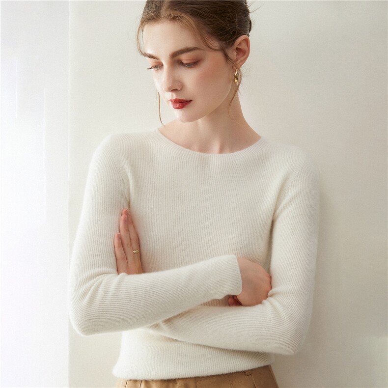 2025秋冬百搭时尚简约抽条圆领针织羊绒衫，女装羊绒衫，米乐羊绒