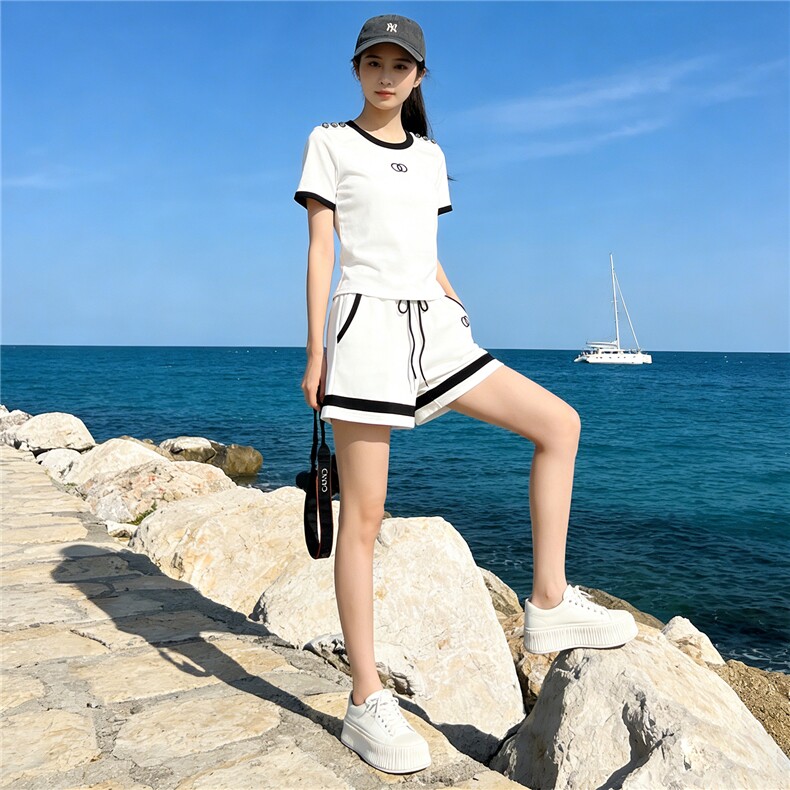 女夏季新款跑步休闲服套装时尚洋气宽松减龄圆领短袖阔腿裤两件套,女装套装/套裙,江南