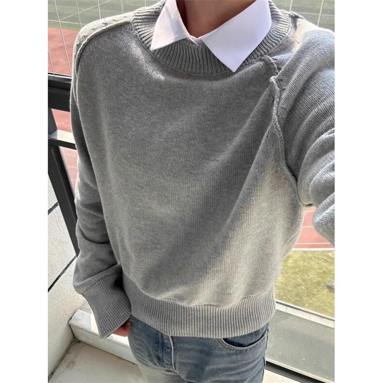 007灰色圆领针织衫毛衣男女日系复古高级感保暖慵懒风cleanfi长袖,男装针织衫/毛衣,星座506A