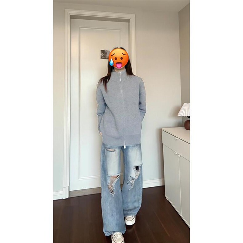 重磅秋冬北极绒双拉链毛衣开衫美式复古休闲慵懒风宽松针织衫外套,男装针织衫/毛衣,电商A486