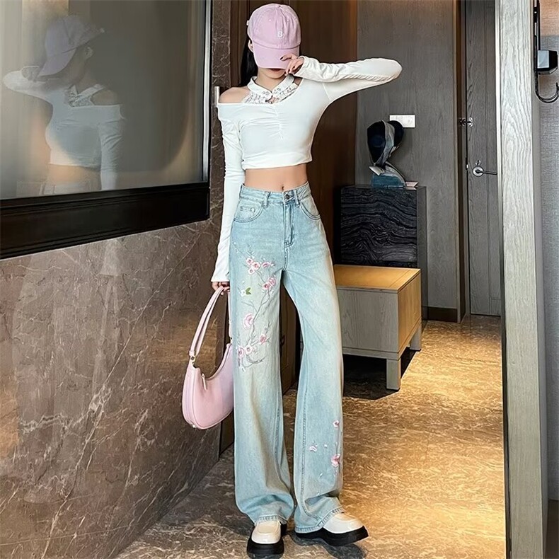 梅花三弄风复古刺绣牛仔裤女春季高腰加长垂感阔腿宽松直筒裤子,男装牛仔裤,星座506A