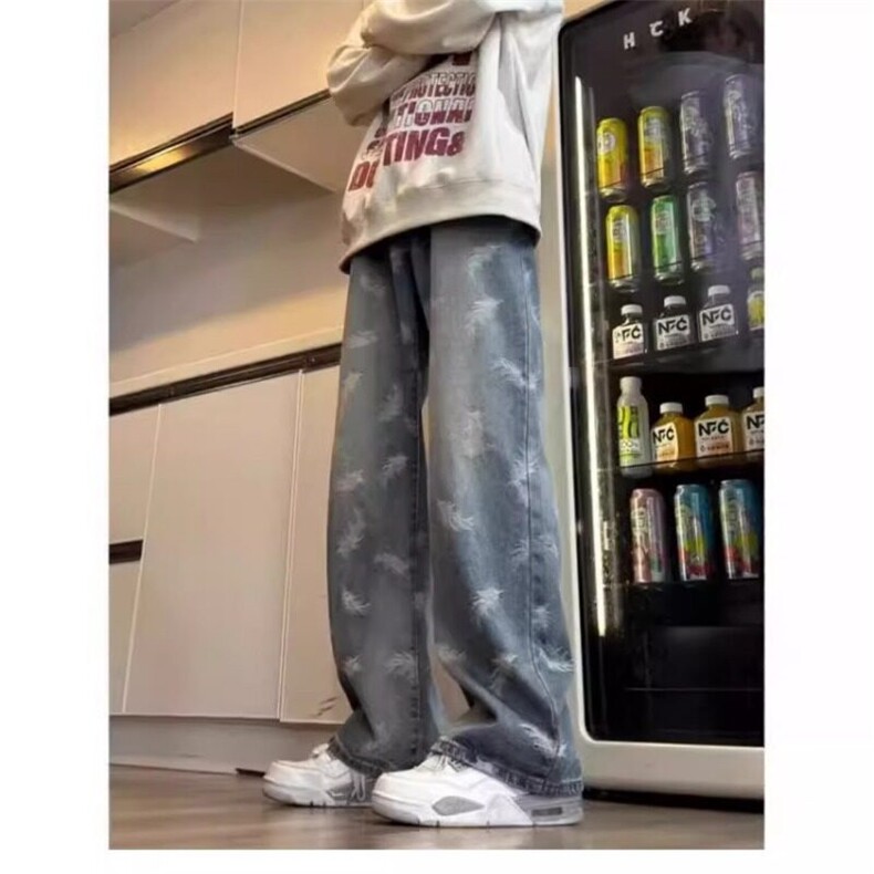 美式高街印花渐变直筒牛仔裤男潮牌小众显瘦百搭阔腿裤图片