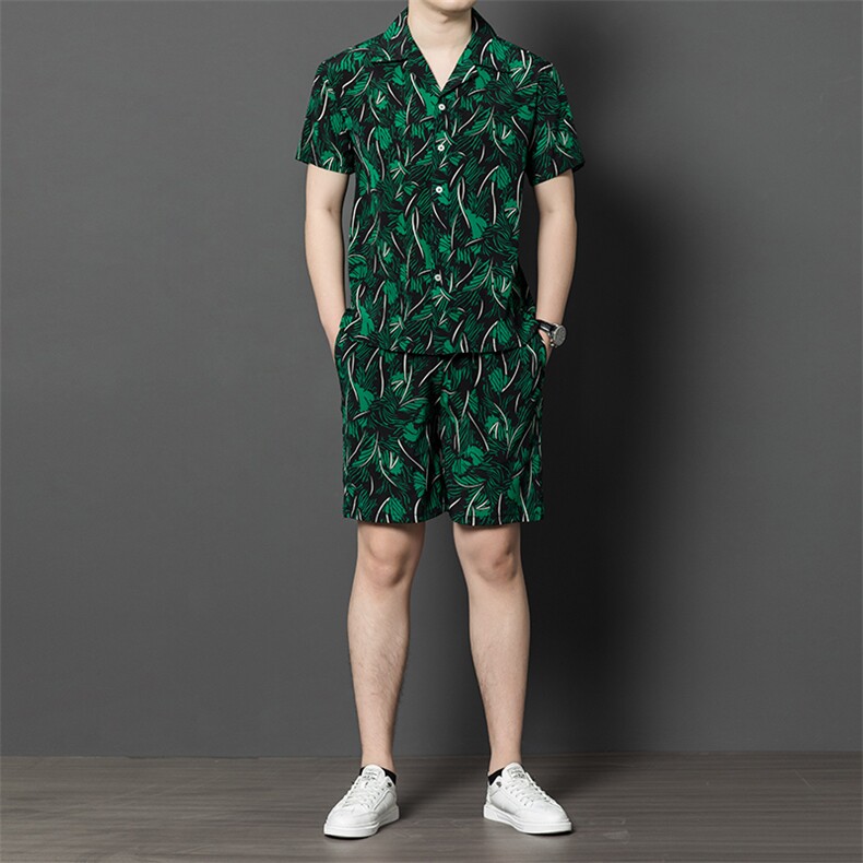 夏款短袖短裤薄款绸缎两件套男休闲高端潮套装，男装牛仔裤，钱塘6003B