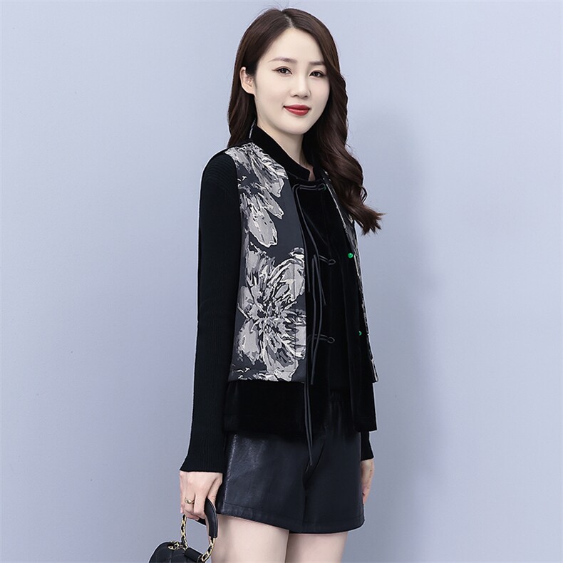 盘扣印花拼接丝绒马甲外套女2023秋季新款复古新中式马夹坎肩外搭,女装马甲,素月