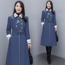 毛呢外套女中长款2024春秋新款时尚复古风刺绣收腰显瘦呢子大衣潮,女装毛呢外套,芷墨服饰