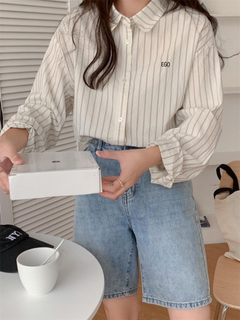 宽松质竖条刺绣字母衬衫，女装衬衫，DAP