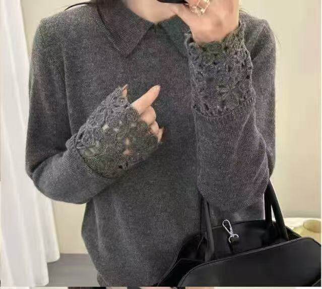 2025年秋季常规款通勤方领蕾丝套头单件长袖时尚百搭通勤简约休闲，女装针织衫/毛衣，暖烁特种纱工厂店