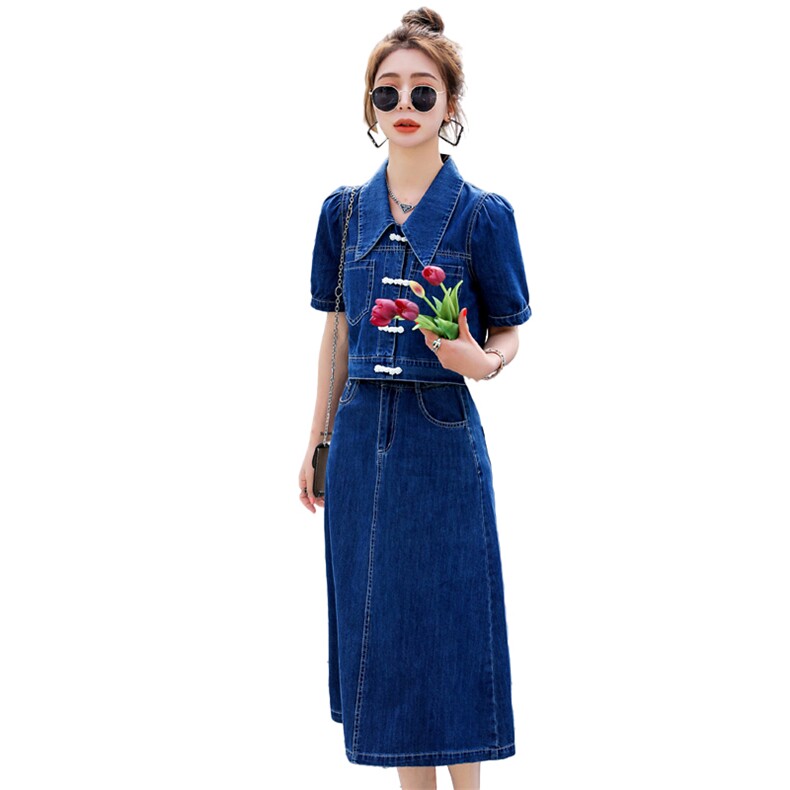 时尚洋气牛仔连衣裙套装女高级感2025新款气质女神范半身裙两件套,女装套装/套裙,意芙