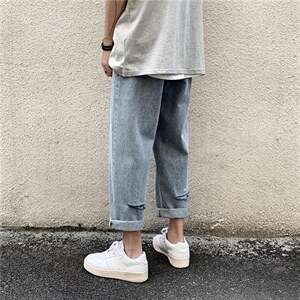 牛仔裤男直筒潮牌破洞乞丐裤ins痞帅裤子宽松超火九分裤N247-p35，男装牛仔裤，星座1008-1
