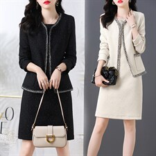 小香风套装连衣裙女2024冬装新款高端毛呢外套遮肚显瘦两件套裙子，女装套装/套裙，罗得堡