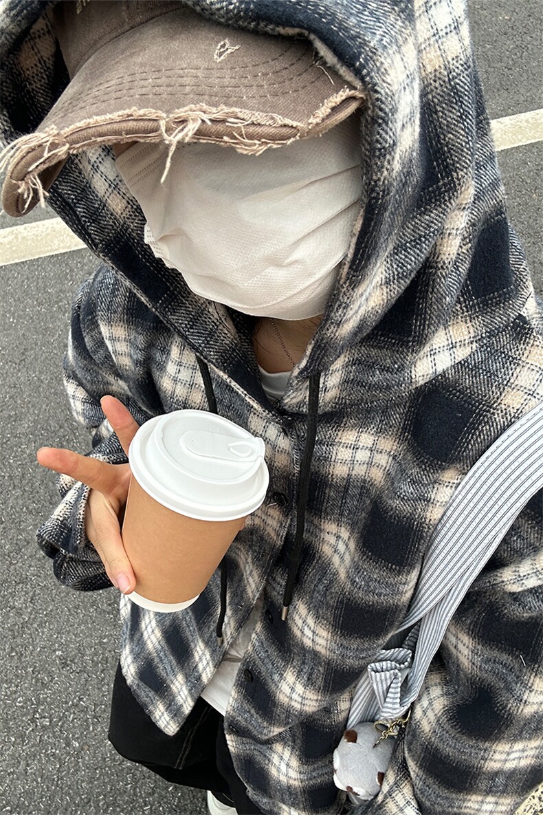 300克重毛呢连帽格子衬衫磨毛中性加厚连帽衬衫外套CS069-P48,男装衬衫,星座301C-5