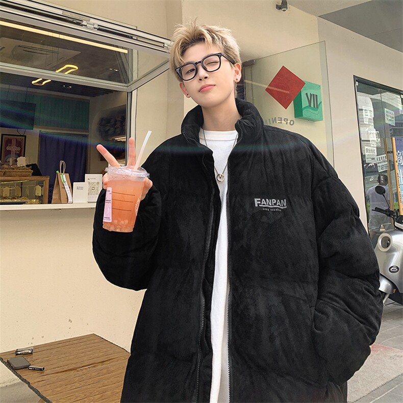 麂皮绒复合棉服宽松棉衣加厚印花棉袄面包服MY8698/特P90黑,男装棉衣,电商A094