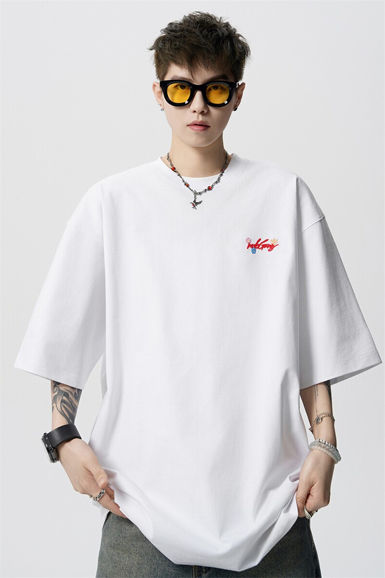 8XL-M高品质纯棉花卉刺绣短袖T恤男女款美式宽松凉感防晒TDX335,男装T恤,电商D206-1