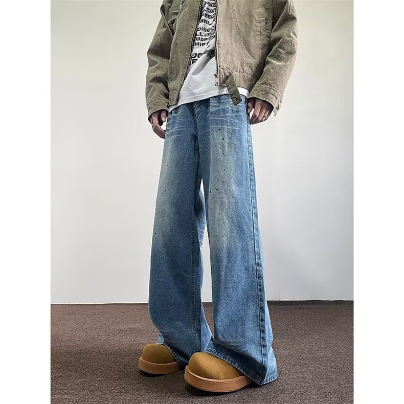 小众设计泼墨水洗猫须蓝垂感阔腿牛仔裤男女微喇长裤B0020/P55，男装牛仔裤，星座506