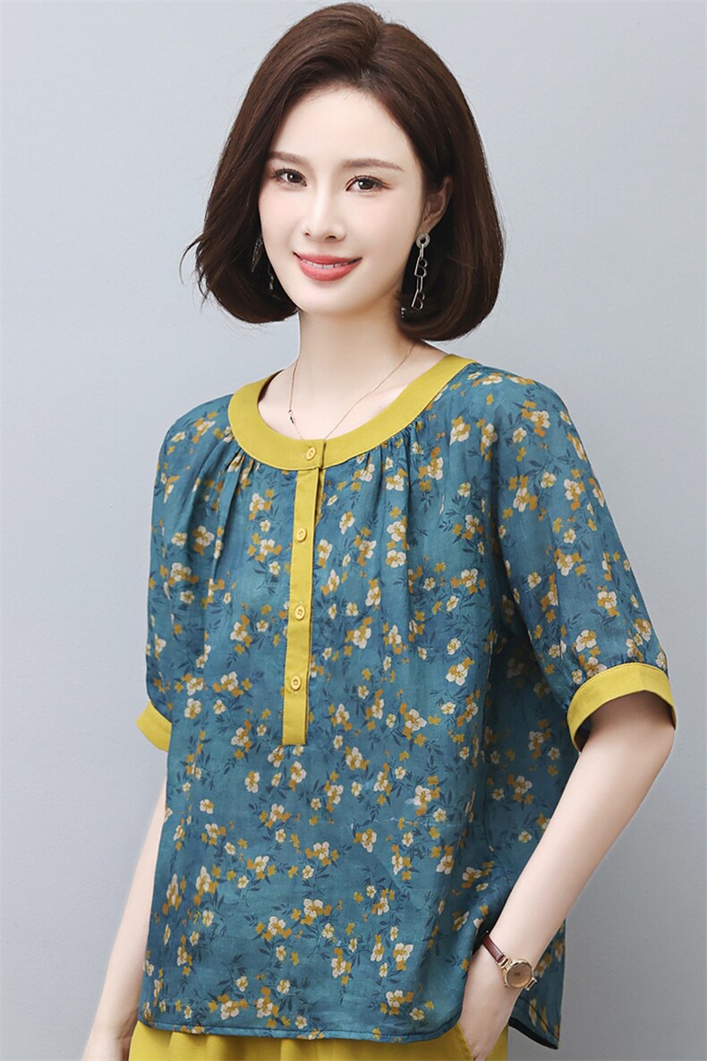 新款韩版大码遮肉印花复古棉麻衬衫女夏短袖遮肚子上衣,女装T恤,璐依舞