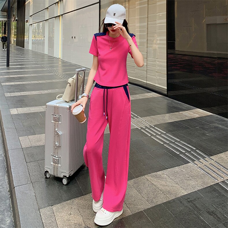 高级感时尚休闲运动套装女夏季洋气显瘦修身上衣高腰阔腿裤两件套,女装套装/套裙,江南