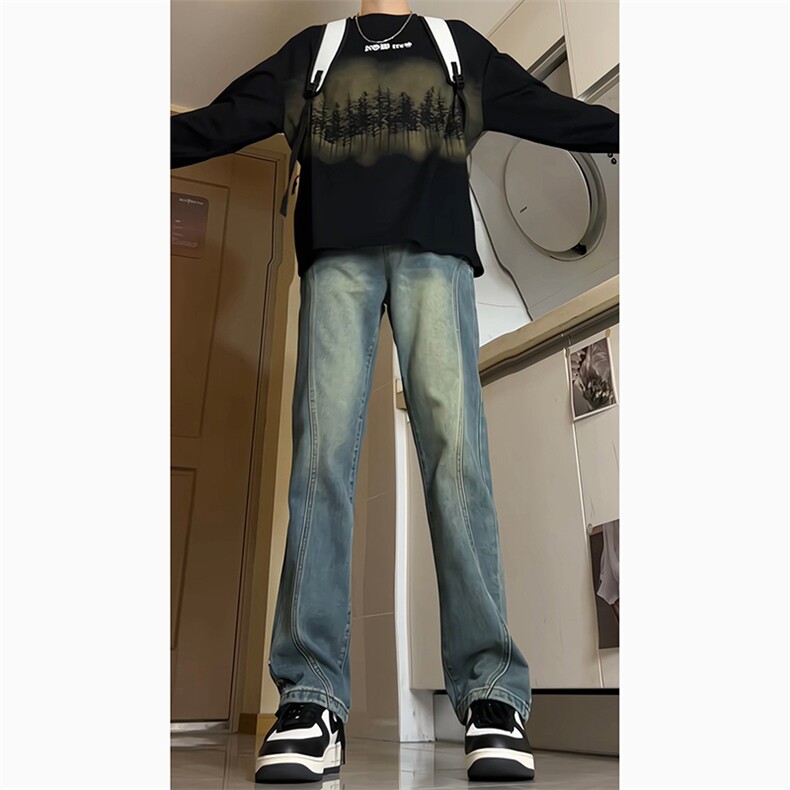 美式机能复古蓝牛仔裤微喇裤纽扣拼接牛仔裤K2402P60,男装牛仔裤,电商A062