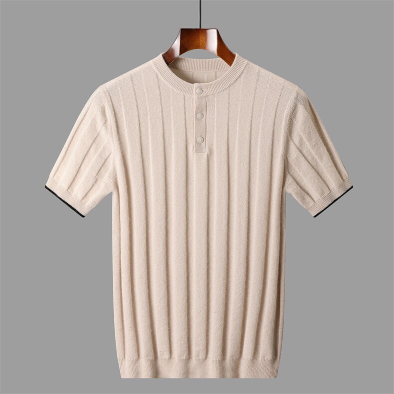 2025秋冬百搭时尚简约圆领坑条短袖针织衫，男装羊绒套衫，盛欣羊绒