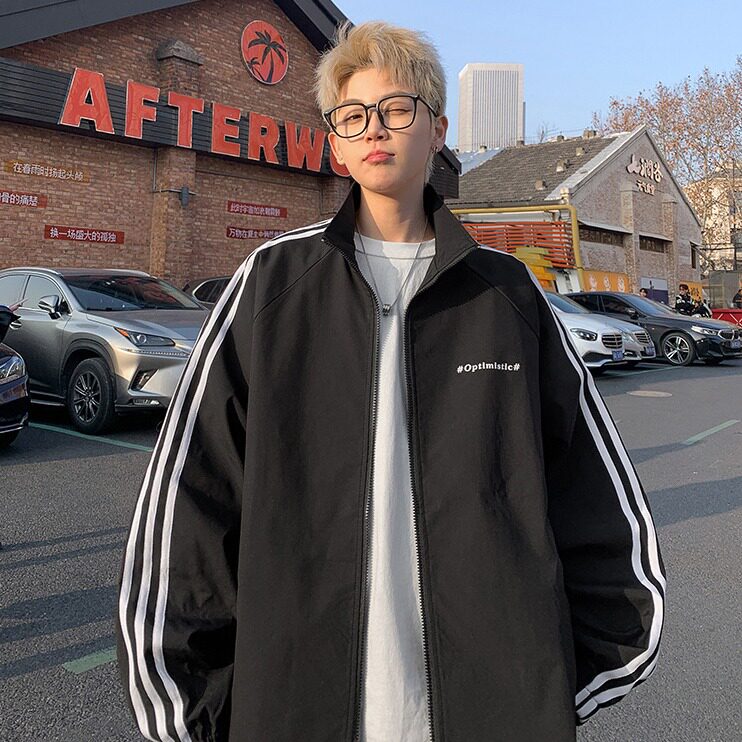 美式三条杠立领夹克男女春秋季潮牌高街休闲条纹外套JKA10-P60图片