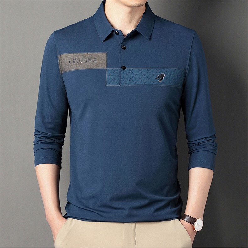 秋季2023新款翻领纯色polo衫男士免烫长袖t恤商务休闲上衣服男装,男装T恤,电商B212（原钱塘6029）
