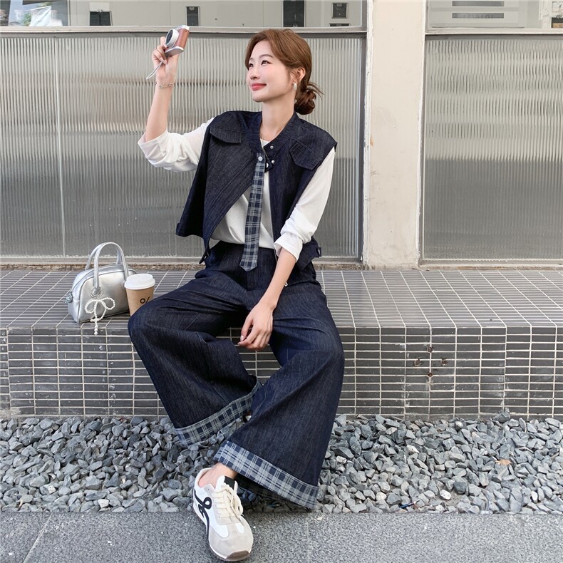 秋季牛仔阔腿裤马甲时尚两件套女,女装套装/套裙,秋水欣儿