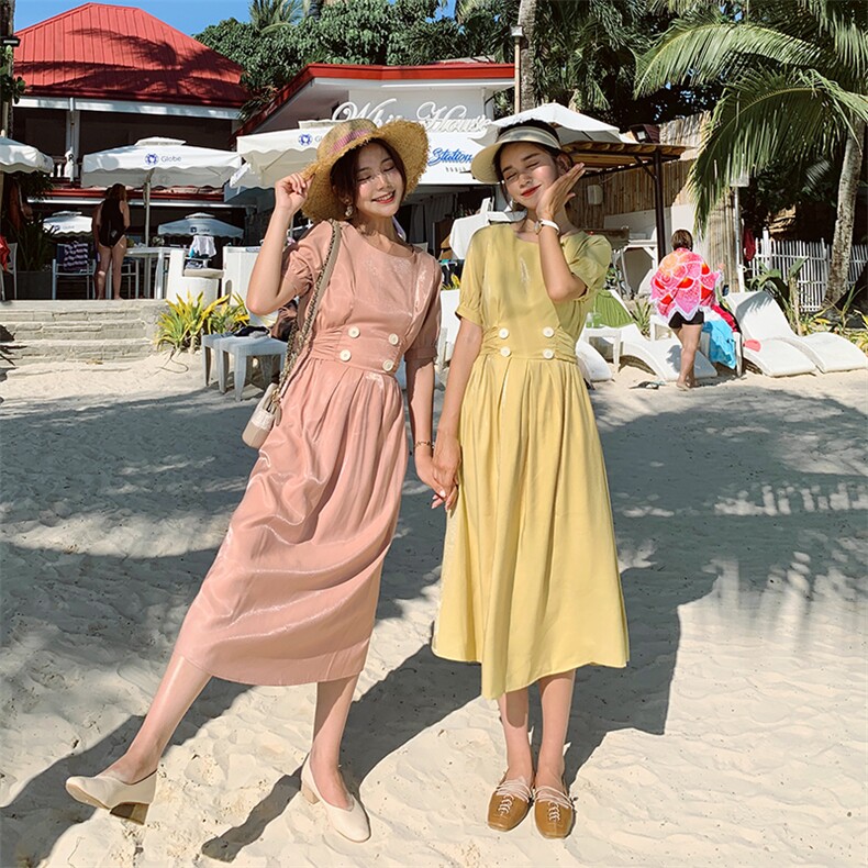 休闲纯色2021夏季新款休闲中长款舒适度假,女装连衣裙,艾艾淮淮
