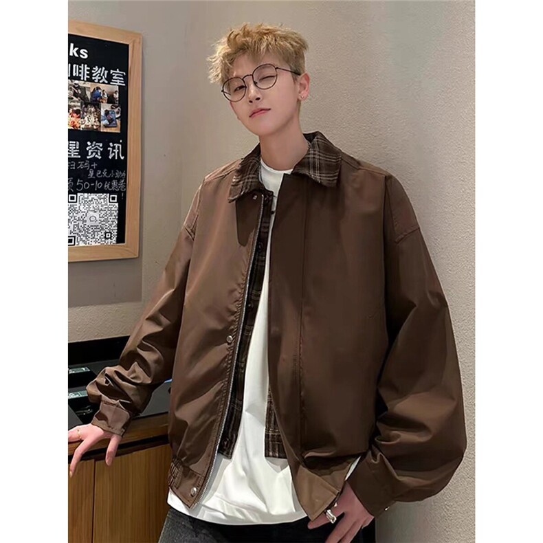 美式格子假两件夹克外套男女春秋冬休闲宽松vintage棒球服,男装夹克,星座218-1（原230）