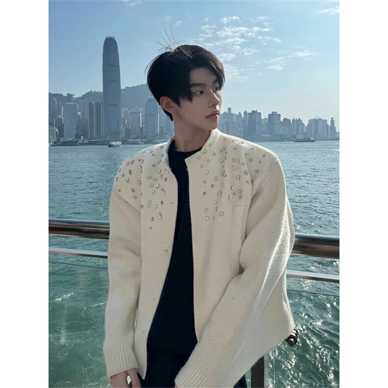 细闪镶钻毛衣开衫男款秋季痞帅高级感cleanfit针织衫外套SW408,男装针织衫/毛衣,星座516A
