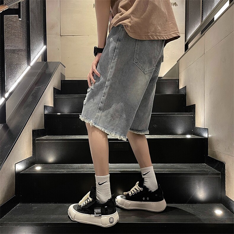 牛仔短裤男夏破洞毛边裤子设计感小众高街潮牌ins五分裤DN589-P36,男装牛仔裤,星座1008-1