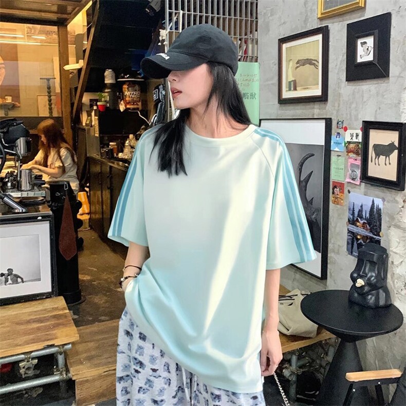 抖音得物品质二开240克宽松纯棉美式潮牌印花三条杠中性风短袖T恤,男装T恤,电商A486