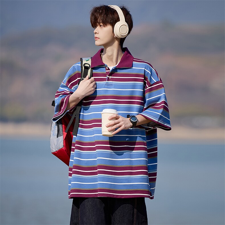 美式复古条纹Polo衫翻领短袖T恤百搭男士上衣225-2-8802-P45-控65,男装T恤,星座225-2