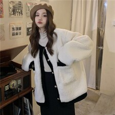 价仿羊羔毛外套女秋冬小香风宽松撞色气质长袖上衣潮，女装皮草，潮品会