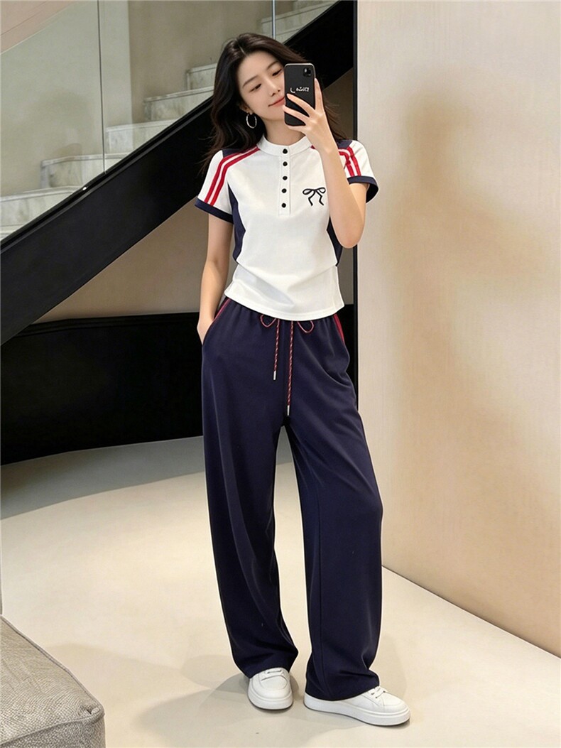 轻奢洋气时尚套装女夏新款条纹拼接半开领短袖上衣阔腿长裤两件套,女装套装/套裙,江南
