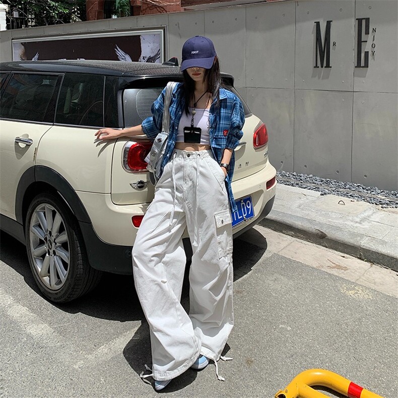 美式复古水洗做旧多口袋工装裤女阔腿宽松直筒百搭长款图片