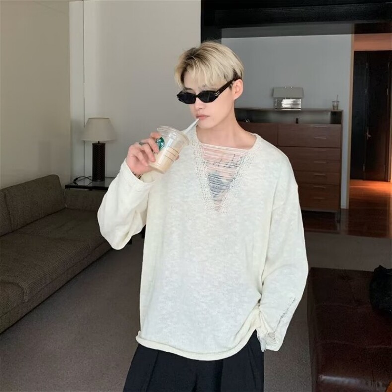 美式复古设计感长袖毛衣男破洞流苏针织衫小众外套YM3048网图,男装针织衫/毛衣,星座302B-3