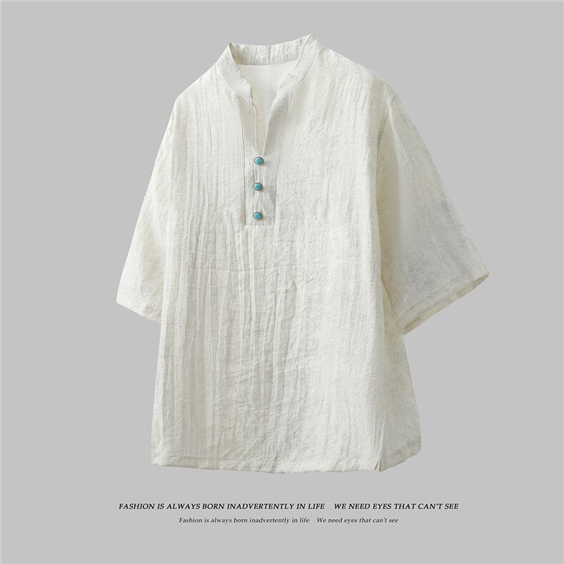 新中式半袖落肩立领透气日常吸汗百搭短袖T恤男A087-1-YM667P65，男装T恤，电商A087-1