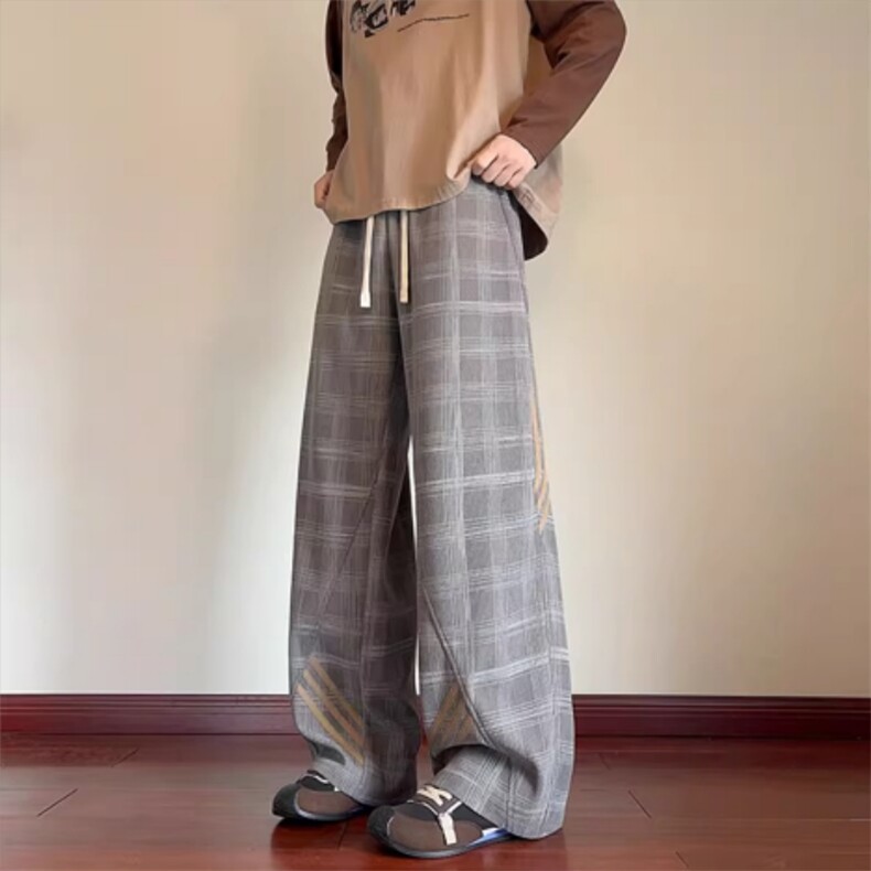 美式复古条纹拼接格子卫裤男秋季潮牌阔腿休闲长裤p35s801,男装休闲裤,星座1112-1